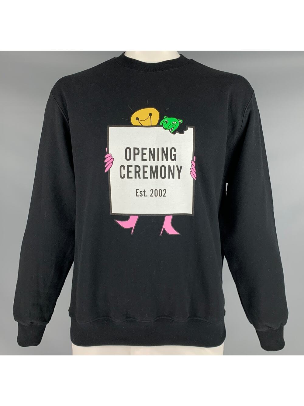 OPENING CEREMONY Size L Black Multi Color Logo Cotton Crew-Neck Sweatshirt